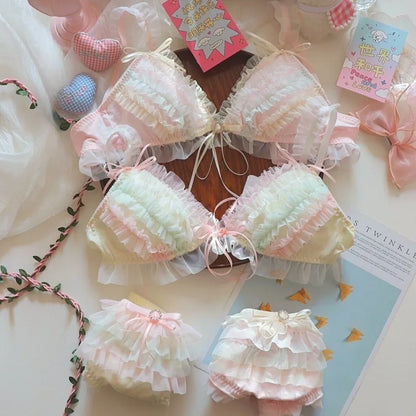 Japan Style Cream Ice Cream Bra Set Wireless Lace Trim Sweet Teen Girl Heart Cake Layer Soft Sexy Daily Lingerie Hot New Trend