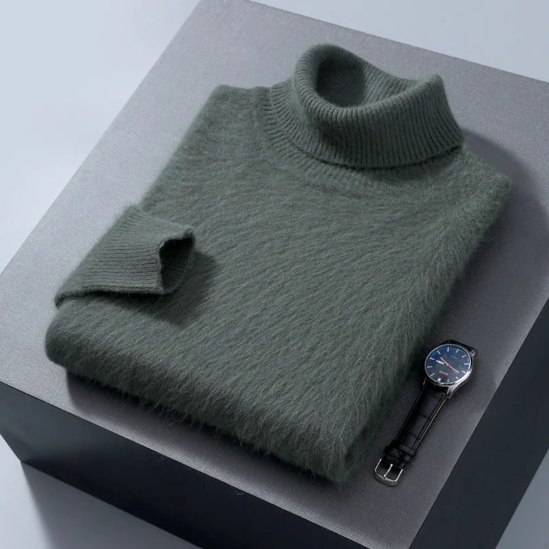 Autumn and Winter Men Loose Turtleneck 100% Mink Cashmere Sweater Men's Casual Thermal Pullover Solid Color Knit Plus-Size Top