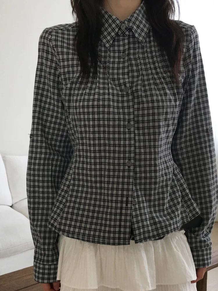 Slimming Plaid Shirt Women's New Chic Spring Vintage Turn-down Collar Waist-cinching Long Sleeve  Collar Top Korean Style