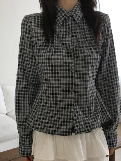 Slimming Plaid Shirt Women's New Chic Spring Vintage Turn-down Collar Waist-cinching Long Sleeve  Collar Top Korean Style
