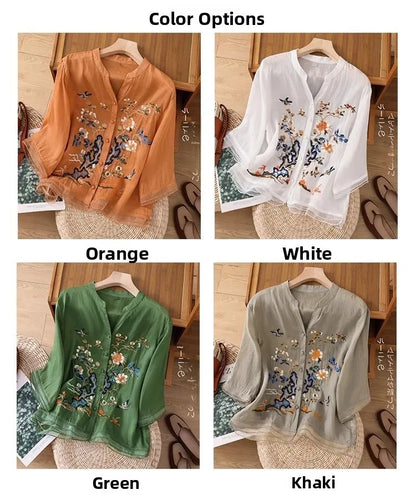 Large Size Mom Embroidered irt Women's Spring New Cotton Linen irt High End f Sve Seven Sve Women's Top