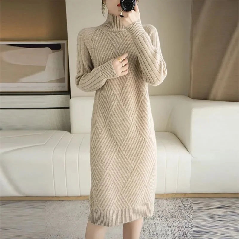 Thickened Winter Knitted Dress Women's Midi Knee-length Loose High-neck Fashionable Base Layer Dress Pure Color Long Sleeve