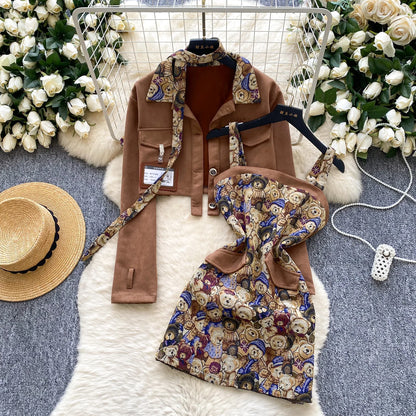 Ele Bear Embroidery Blouse And Skirt Set Women's Faionable ort Svel Suit Jaet High Waist Casual Workwear