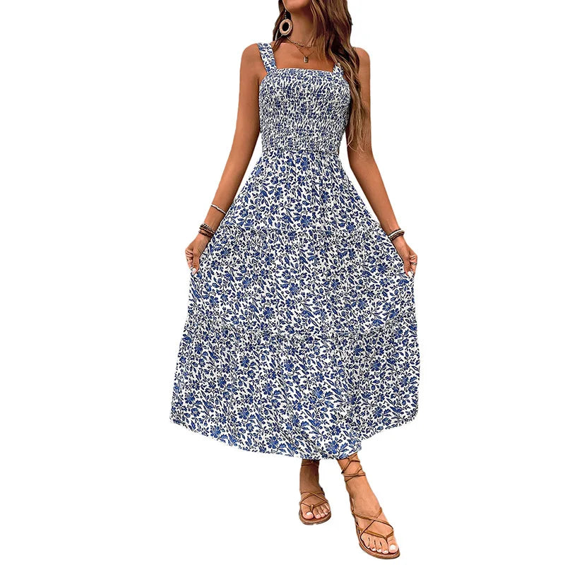 Women's Floral Maxi Dress Summer Square Neck Strappy Backless Smocked Bodice High Waist Long Dress Vacation Beach Outfit 2026