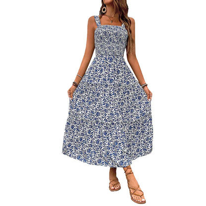 Women's Floral Maxi Dress Summer Square Neck Strappy Backless Smocked Bodice High Waist Long Dress Vacation Beach Outfit 2026