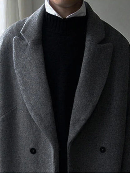 Mauroicardi Autumn Winter Loose Casual Grey Black Soft Warm Woolen Cocoon Coat Men Lapel Double Breasted Korean Fashion 2022