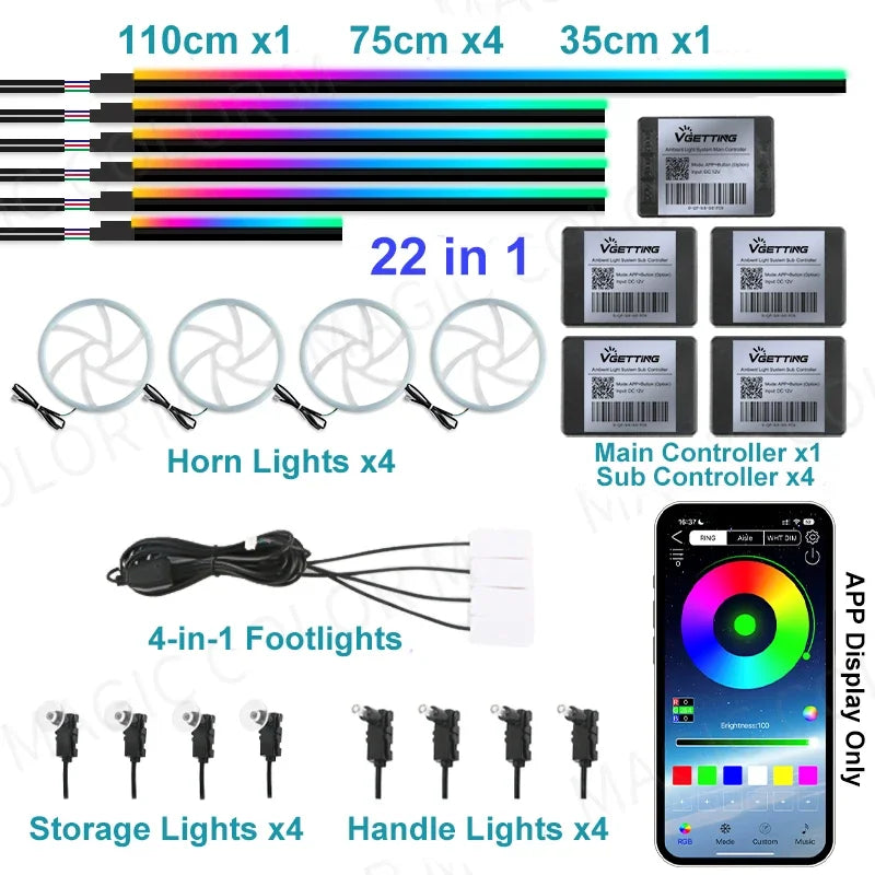 22 In 1 Car Ambient Lights RGB 64 Color Universal LED Interior Hidden Acrylic Strip Symphony Atmosphere Lamp APP Full Colors