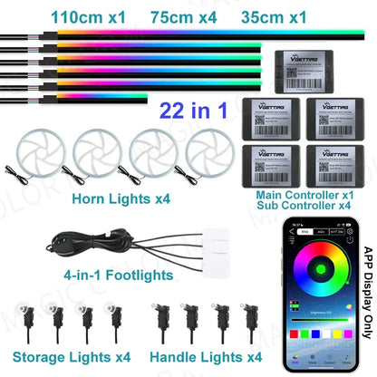 22 In 1 Car Ambient Lights RGB 64 Color Universal LED Interior Hidden Acrylic Strip Symphony Atmosphere Lamp APP Full Colors