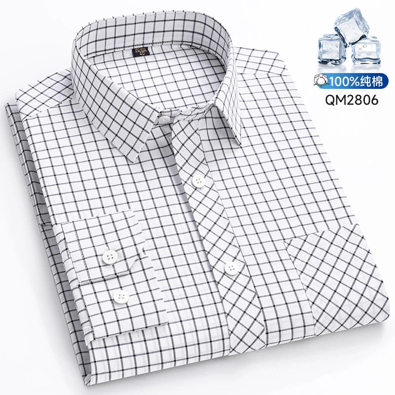 The New Men's Long-Sleeved Shirt Is Cool and Casual. It's a Thin, All-Cotton, Streetwear Checkered Style for Spring and Summer