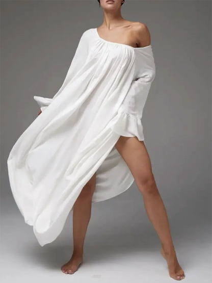 Parc Fee Casual Loose White Women Dress 2025 Elegant U-Neck Long Sleeve Floor-Length Dresses Simple Oversize Solid Female Dress