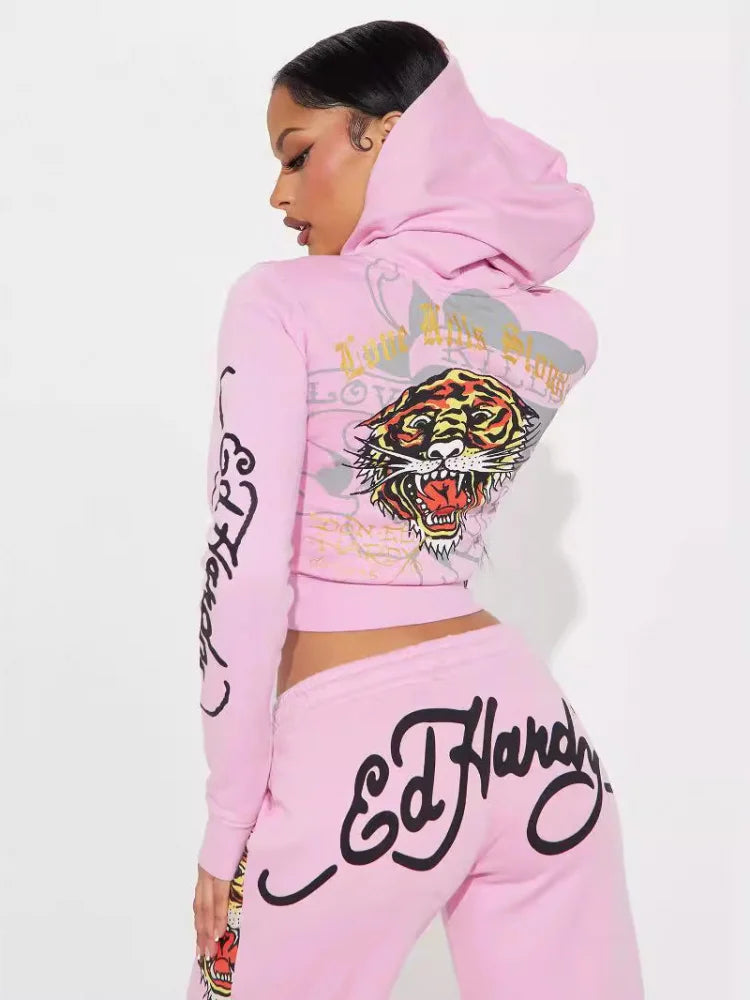 Elegant Fashionable Printed Long Sleeve Ladies Set Autumn Winter High Quality Comfortable Material Sweet Style Zipper Closure