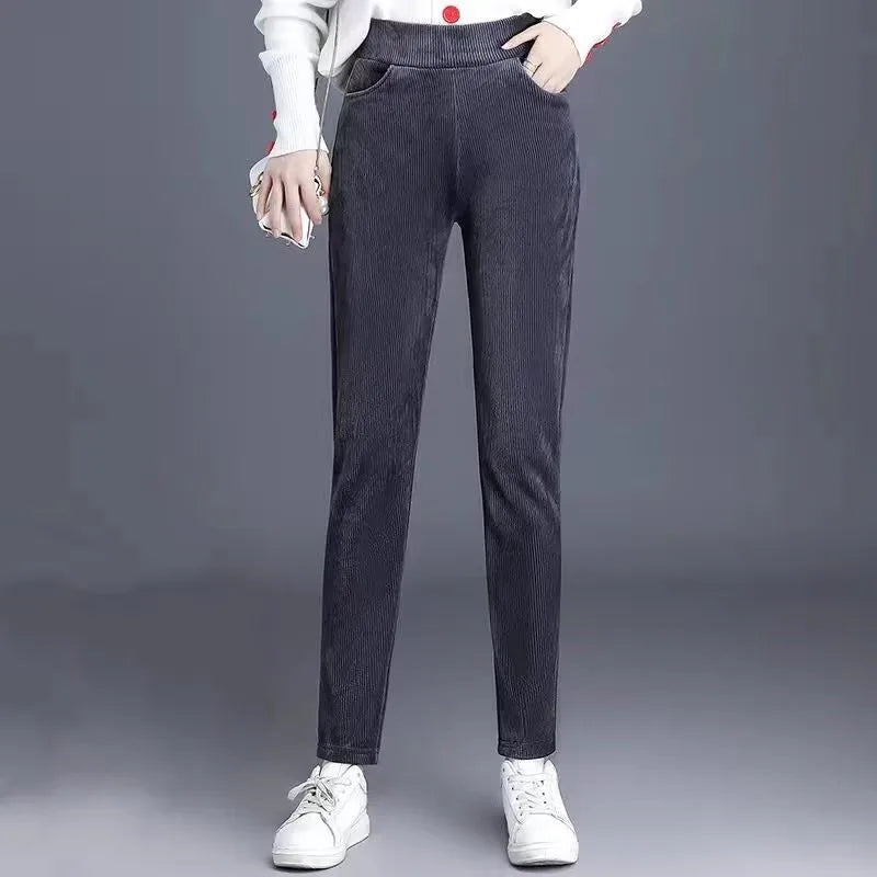 Thickened Fleece Corduroy Pants High Waist Harlan Style Winter 2024 New Women's Casual Trousers Elastic Waist Pocket Detail