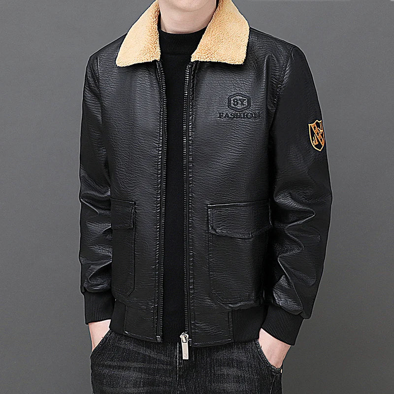 Solid Zipper Design Leather Jacket Plus Size Bomber Coat Men's Leather Jacket Winter Fashion Warmth Thickened Leather Jacket