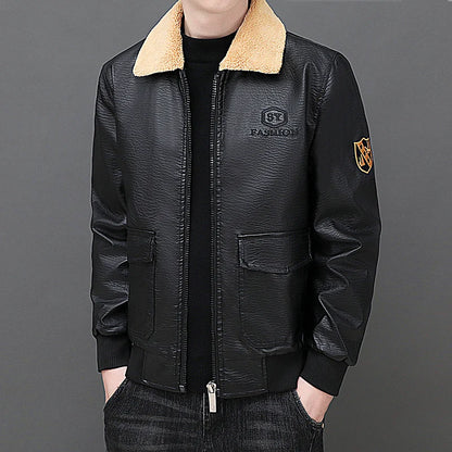 Solid Zipper Design Leather Jacket Plus Size Bomber Coat Men's Leather Jacket Winter Fashion Warmth Thickened Leather Jacket