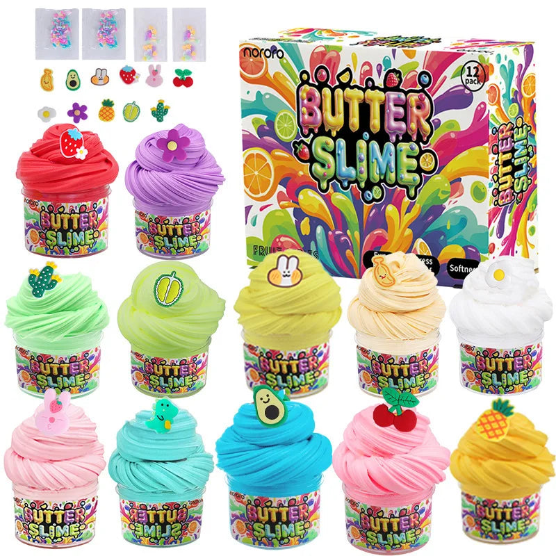 12 Colors Super Butter Slime Kit Bulk Wholesale DIY Fluffy Cloud Slime Foam Beads Charms Sensory Educational Craft Birthday Gift