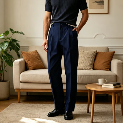 Men High Waist Pleated Suit Pants Straight Wide Leg Loose Fit Trousers Breathable Lightweight Business Office Formal Wear