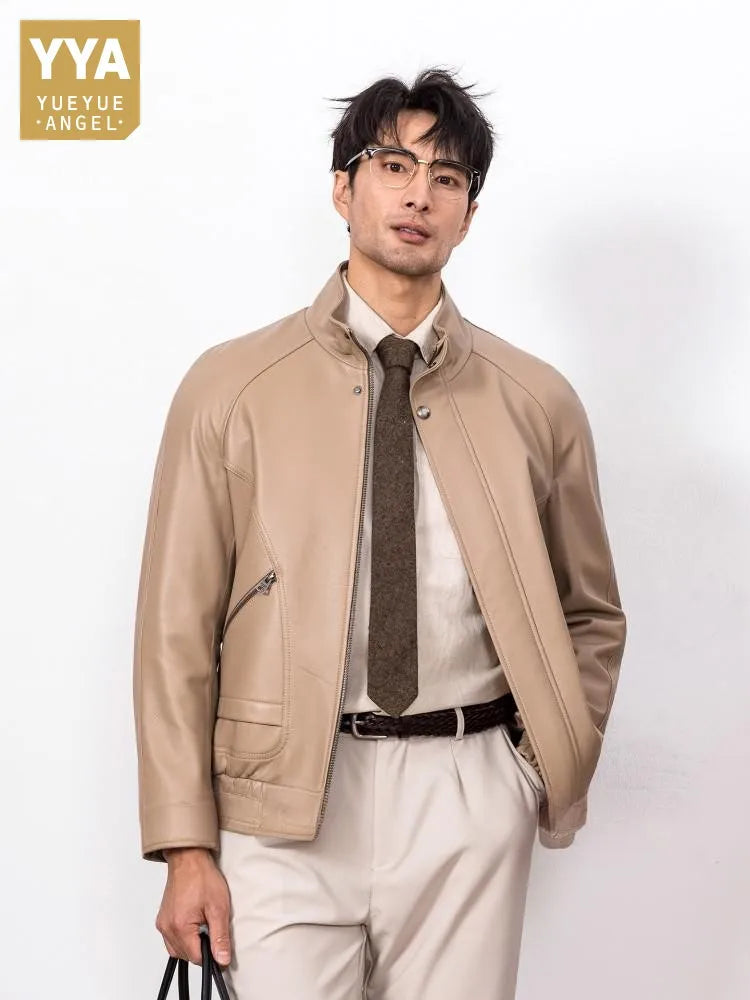 New Designer Men Natural Real Sheepskin Jacket Stand Collar Business Work Soft Genuine Leather Jacket Zip Casual Punk Style Coat