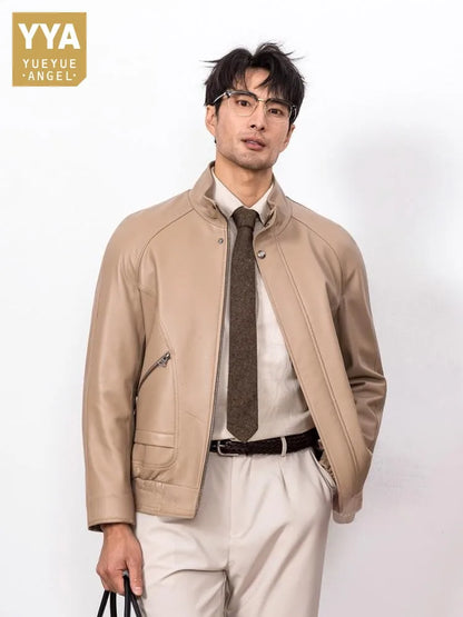 New Designer Men Natural Real Sheepskin Jacket Stand Collar Business Work Soft Genuine Leather Jacket Zip Casual Punk Style Coat
