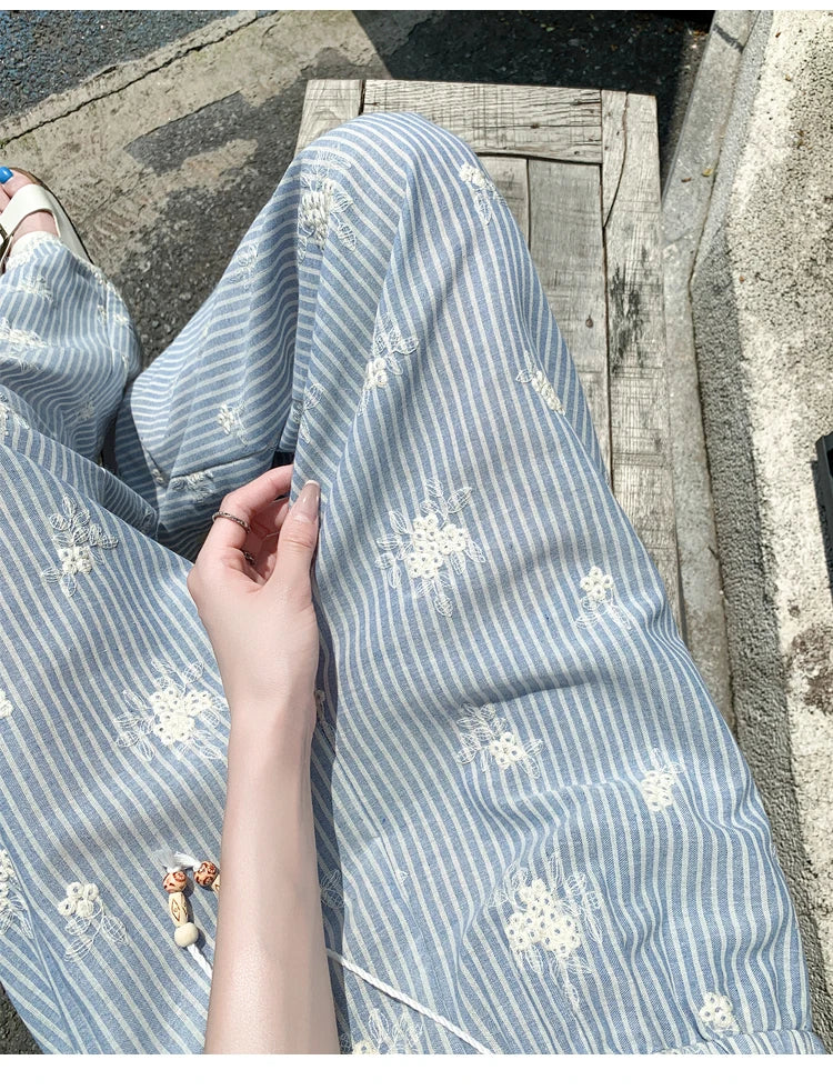 Vintage Blue Striped Embroidered Wide-leg Pants Women's Summer 2026 High-waisted Lace Stitching Casual Straight Trousers Popular