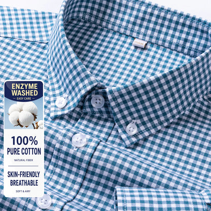 Men Cotton Oxford Shirt Long Sleeve Button Down Casual Business Shirt Pre-Shrunk Enzyme Washed Breathable Wrinkle Resistant