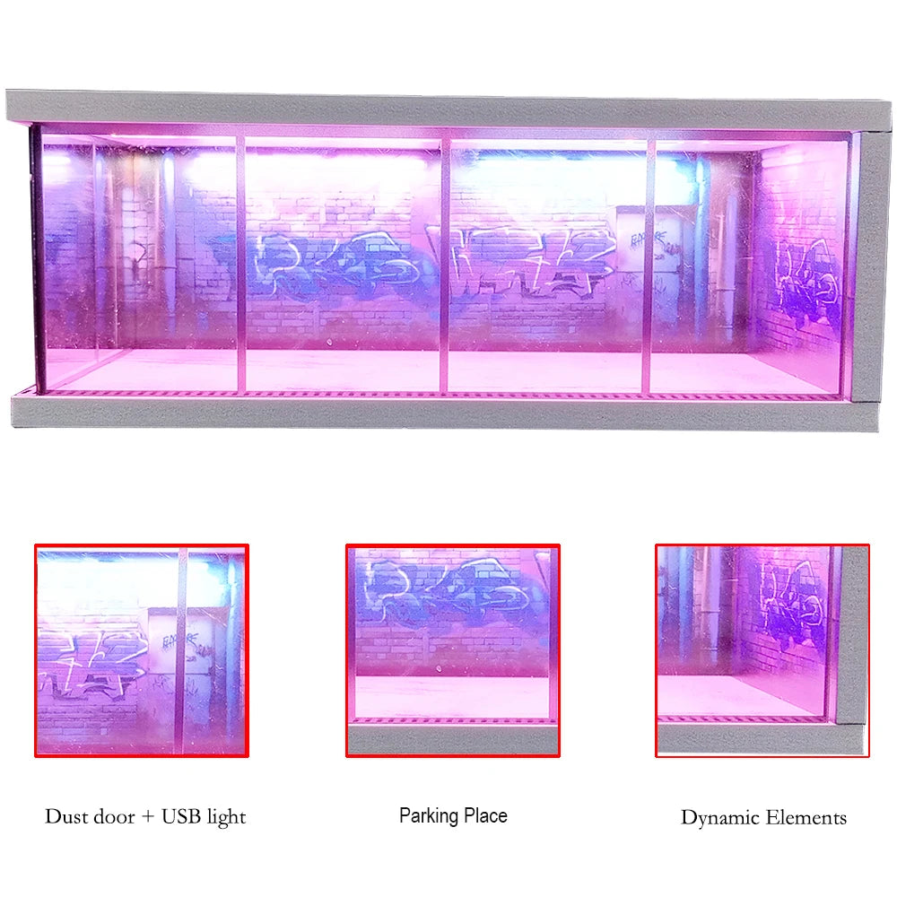 1/64 Scale Car Miniatures Garage Scene Model Car Parking Lot Display Box Led Lights Series Parking Simulation Car Models Box