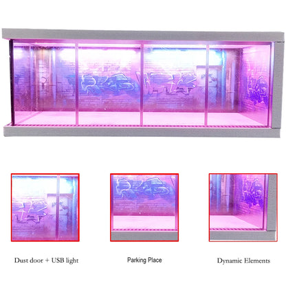 1/64 Scale Car Miniatures Garage Scene Model Car Parking Lot Display Box Led Lights Series Parking Simulation Car Models Box