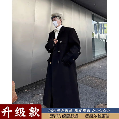 Autumn Winter Men's Shoulder Length Woolen Coat over Knee Double Breasted Windbreaker Outerwear Fashionable Korean Style