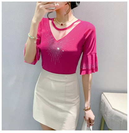 Sexy Hollow out Mesh Seven Quarter Sleeve Fashion Trend Summer T-Shirt Women Slimming Versatile Top Half Sleeve Small Shirt