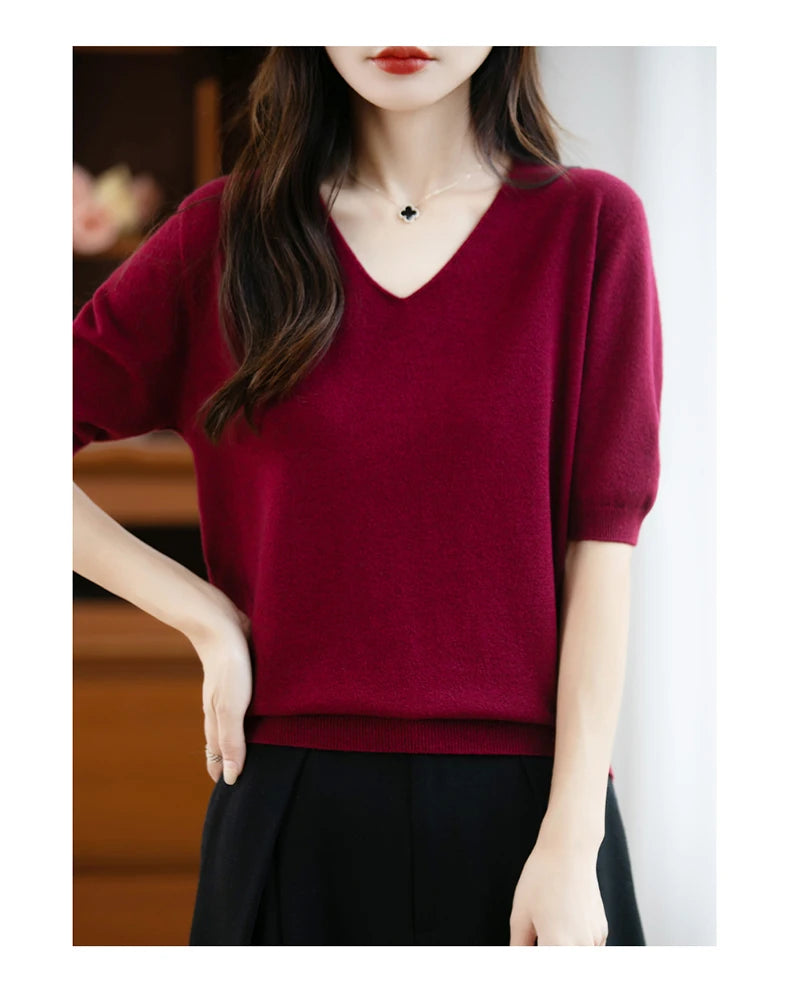 Thin Worsted Wool Short-Sleeved Women's Loose Round Neck T-shirt Printed Summer Fashion Knitted Bottoming Shirt Half-Sleeved
