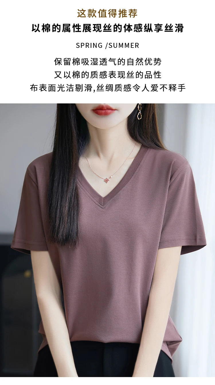 2026 Summer New Pure Cotton V-neck Short-sleeved T-shirt Women's Solid Color Joker Pullover Shirt with Loose Sleeve Bottom Shirt