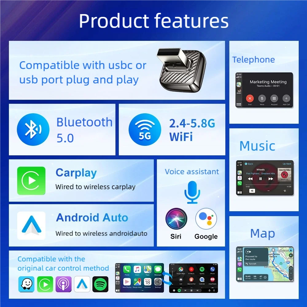 2026 Latest Wireless CarPlay Apapter USB CarPlay & Android Auto,Type-C Port,Converts Wired to Wireless,Plug & Play,Auto-USB