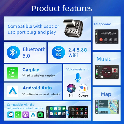 2026 Latest Wireless CarPlay Apapter USB CarPlay & Android Auto,Type-C Port,Converts Wired to Wireless,Plug & Play,Auto-USB
