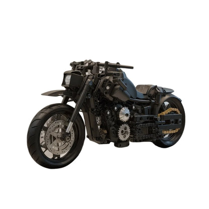 A set of assembled building blocks for a black, retro-style motorcycle toy, perfect for motorcycle enthusiasts as a gift.