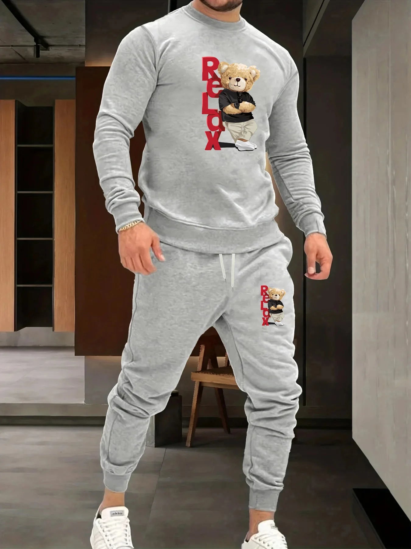 Men's autumn and winter casual warm RELDX bear print loose and thick velvet round neck sweatshirt+sports pants set