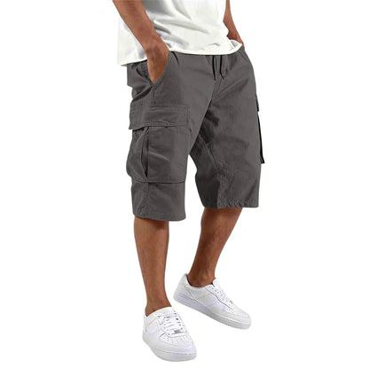 Summer Men Loose Straight Pants Casual Multi-Pocket Shorts Pure Color Fashion Men Shorts Drawstring Daily Cargo Short Pants