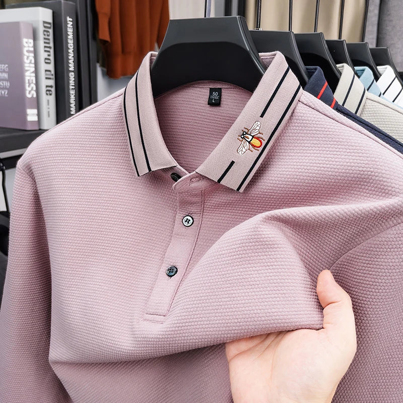 2026 Light Luxury Fashion 100% Pure Cotton Polo Shirt Men's Long Sleeved  Spring New Item Lapel Base T-shirt