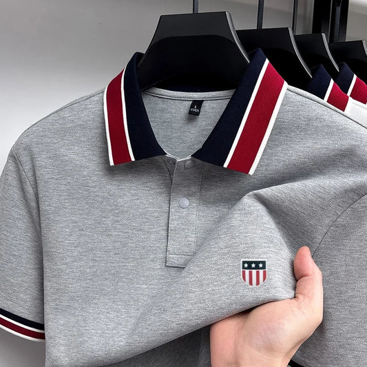 Hot-Selling Man Pullover Short-Sleeved Polo Shirt Striped Design Lapel Button High Quality Stamp Daily Commute New Mens Clothing