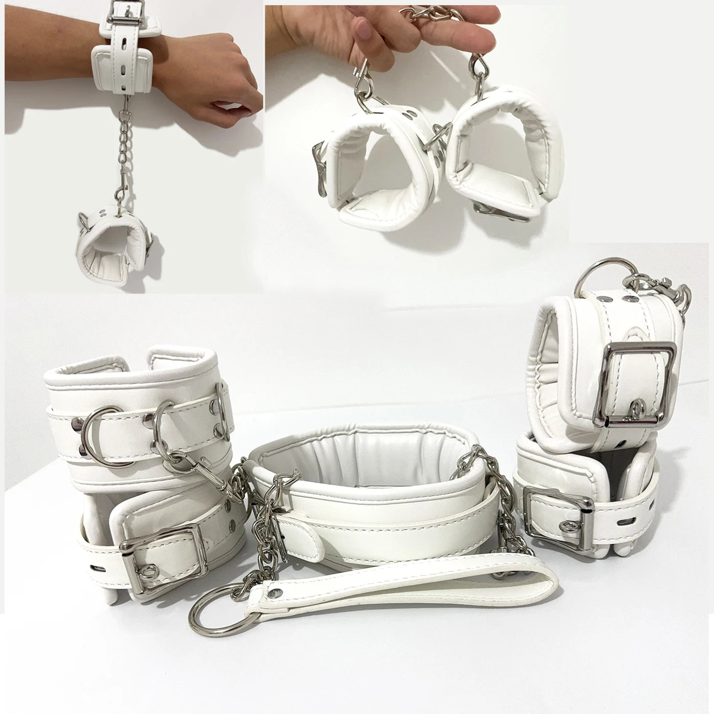 Adjustable Stainless Steel Spreader Bar Set Padded Leather  Kit Adjustable Collar Handcuffs Ankle Cuffs Restraints BDSM Adult
