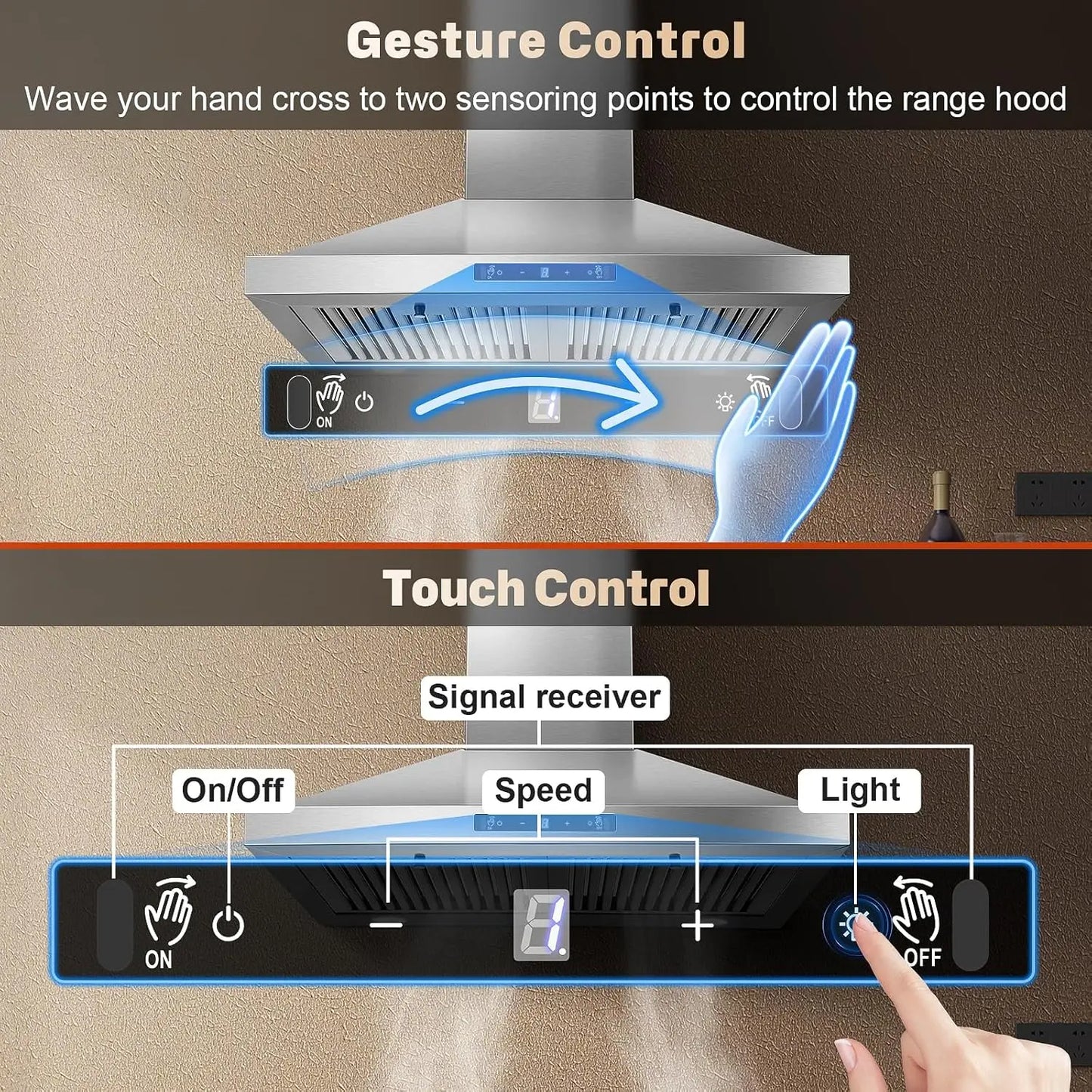 24/30 Inch Wall Mount 450CFM Stainless Kitchen Vent Gesture Sensing & Touch Control 3 Speed Range Hood