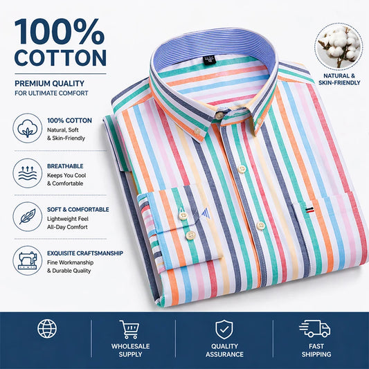 100% Cotton Oxford Casual Shirts For Men Long Sleeved Plaid Striped Soft Regular Fit Formal Single Pocket Social Fashion Blouses