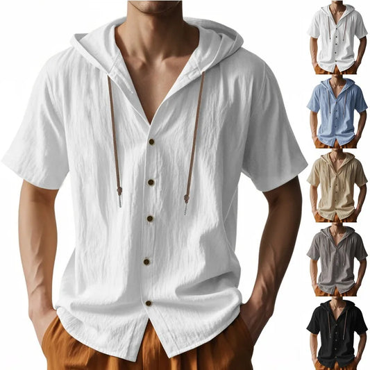 Men's Hooded Button Down Shirt Short Sleeve Linen Look Casual Top Drawstring Summer Beach Vacation Shirt 2026