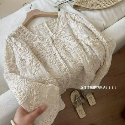 Women Spring Summer Embroidered Versatile Loose-Fit Shirt Top French Style Blouse Cardigan Top