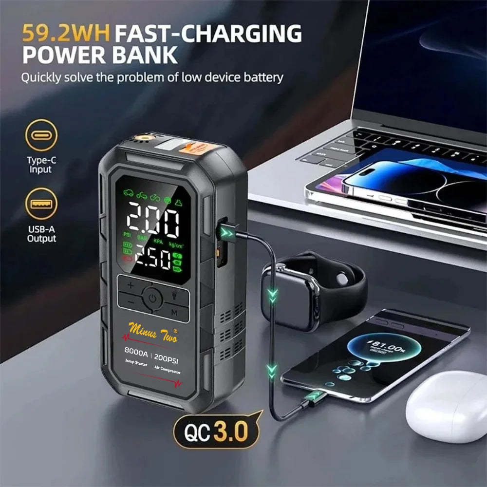 8000A Peak Wireless Jump Starter, Portable Car Battery Booster, All-in-One Emergency Power Supply, Backup Power for Vehicles。