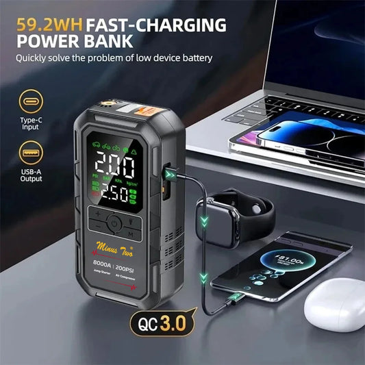 8000A Peak Wireless Jump Starter, Portable Car Battery Booster, All-in-One Emergency Power Supply, Backup Power for Vehicles。