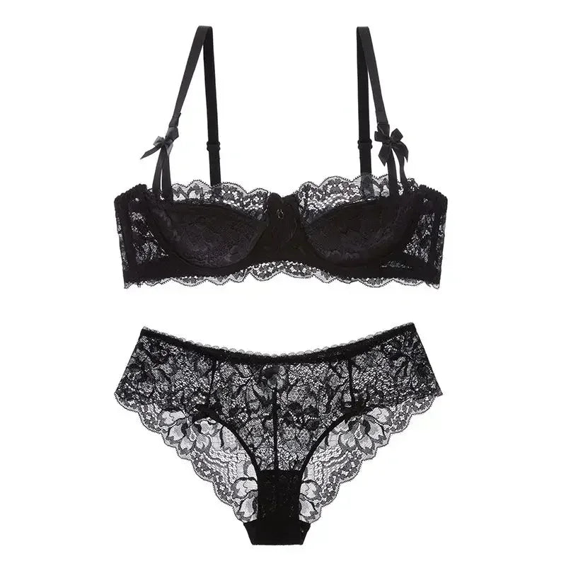 BANERDANNI French Lace Bralette Set Breathable Non-Padded Bra for Petite Sheer Floral Lingerie Wireless Comfort Anti-Gap Design