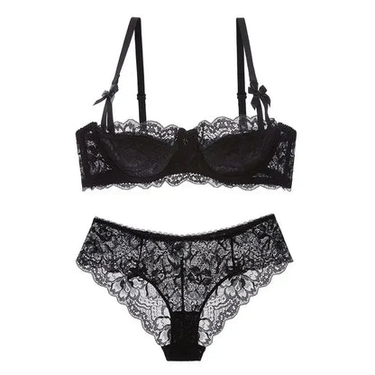 BANERDANNI French Lace Bralette Set Breathable Non-Padded Bra for Petite Sheer Floral Lingerie Wireless Comfort Anti-Gap Design