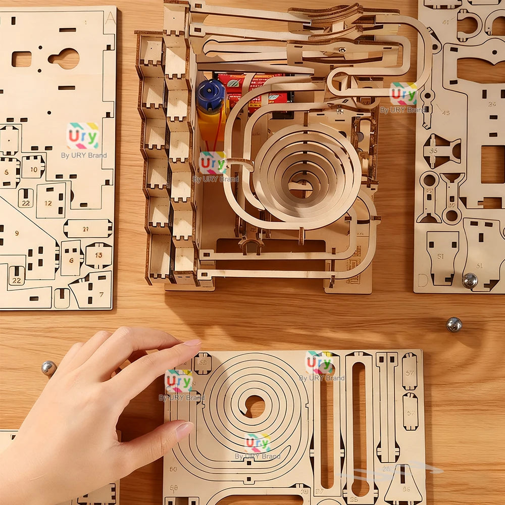 Ury 3D Wooden Puzzles Electric Staircase Track Device Marble Run Set Mechanical Model Science Maze 6 Balls Assembly Gift