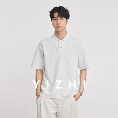 2026 Summer Men's 220g Heavyweight Waffle Polo Shirt Loose Lapel Breathable Soft Solid Color Basic Short Sleeve Tops