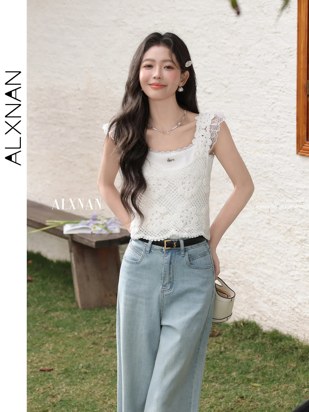 ALXNAN White Tank Tops 2026 Summer Elegant Cotton Women's Camisole Lace Fake Two-piece Design Chic Sleeveless Tops Ladies L53815