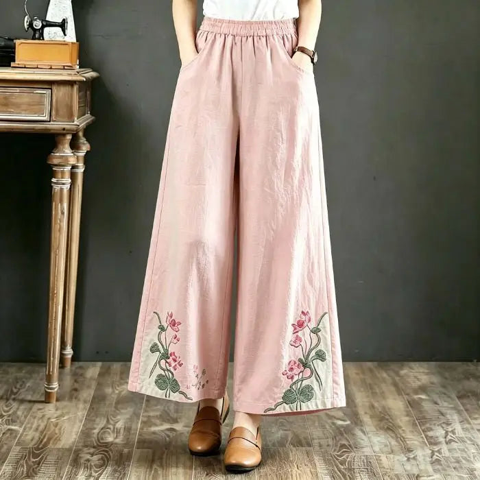 High-End Retro Embroidered Cotton Linen Wide Leg Pants Women Summer Lightweight Breathable High Waist Slimming Casual Travel